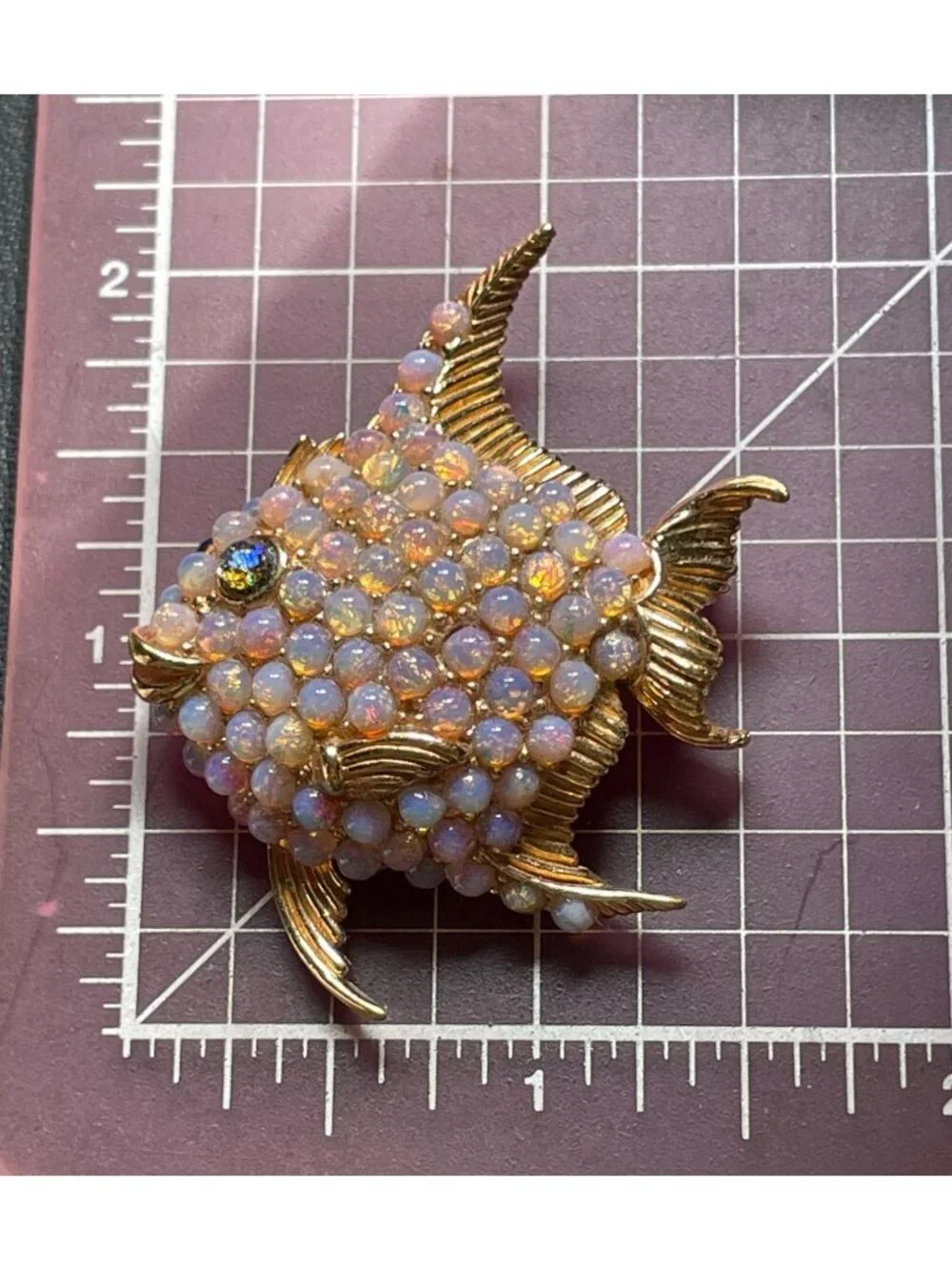 Vintage Ciner Signed Gold Plated Faux Opal Cabochon Angelfish Brooch Pin